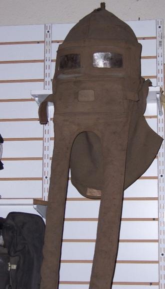 Morgan smoke hood patented 1914 by Garrett Morgan, hanging on a display rack at the Long Beach Firefighters Museum